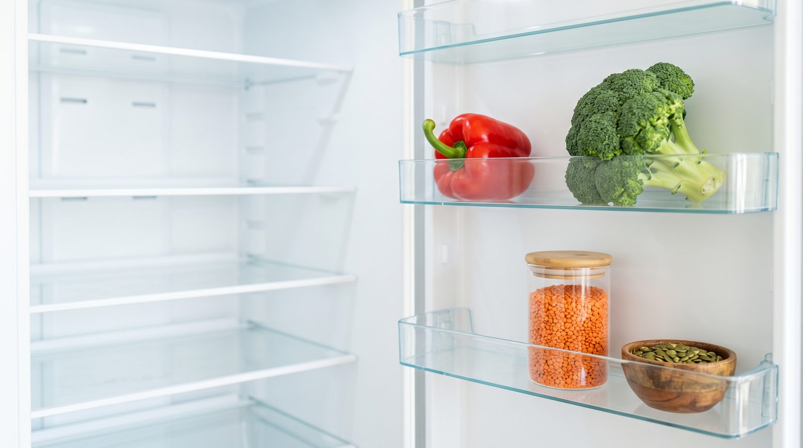 Open refrigerator with bell pepper, broccoli, lentils and pumpkin seeds